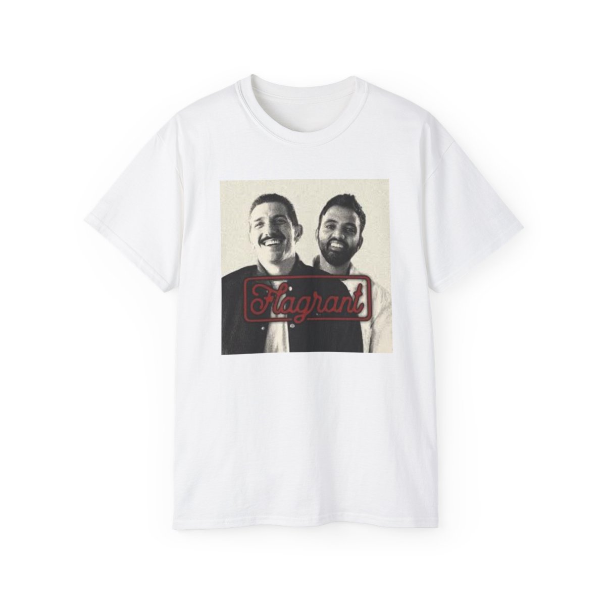 Vintage Photo Portrait Tee | Retro Script Overlay, Black & White Square | Flagrant Podcast